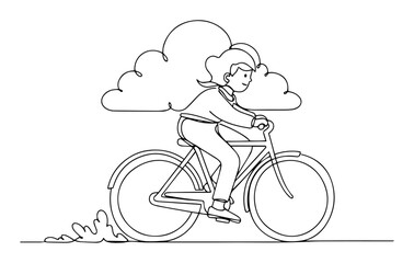 girl riding bicycle with cloud background vector illustration made with thin line