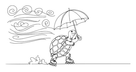 turtle skating with umbrella in wind online vector black on transparent background