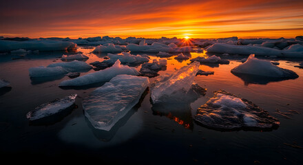 Golden Hour At Glacial Lagoon With Icebergs Reflecting Sunset Light
