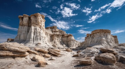 Fototapeta premium Unique rock formations rise dramatically from the desert floor, showcasing intricate textures and shapes. Bright sunlight casts shadows, enhancing the natural beauty of the landscape.