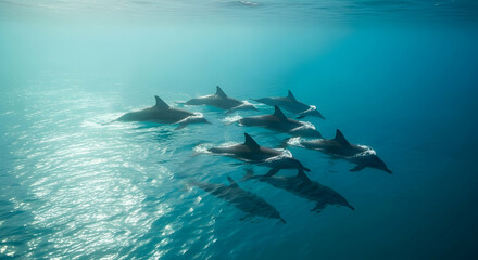 Fototapeta premium Dolphins Swim Gracefully In Clear Blue Waters Of Tropical Sea