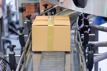 Sealed cardboard box on a moving conveyor belt in an automated industrial packaging or shipping facility. Background features machinery and rollers. Concept of logistics and supply chain