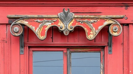 Vintage wooden storefront signboard with peeling paint and metal brackets