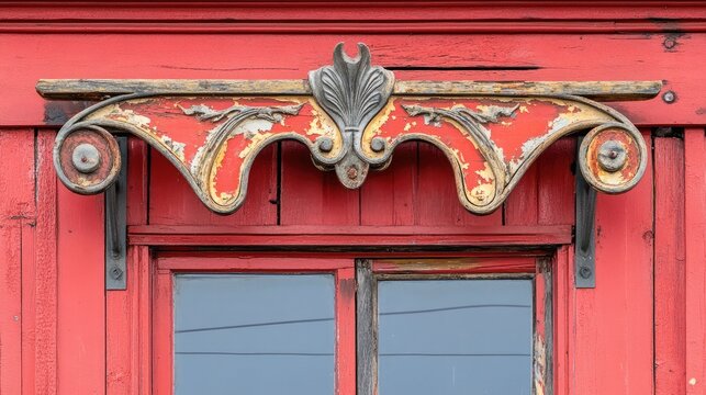 Vintage wooden storefront signboard with peeling paint and metal brackets