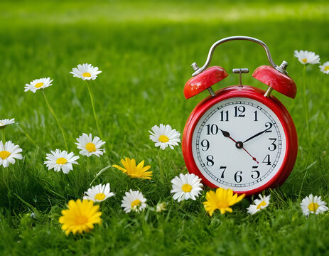 alarm clock on green grass, daylight saving time. Sommer time, winter time, changeover, switch of time. Sommer or winter time. Clock as a timer for celebrations. Spring flowers, grass, blue sky