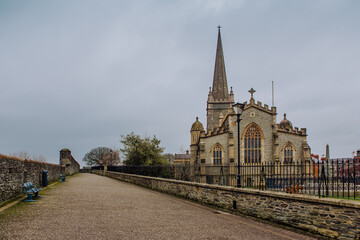 Londonderry, Northern Ireland - February 18 2025: St. Columb's Cathedral stands majestically in Londonderry, a significant historic landmark and the mother church of the Diocese of Derry and Raphoe