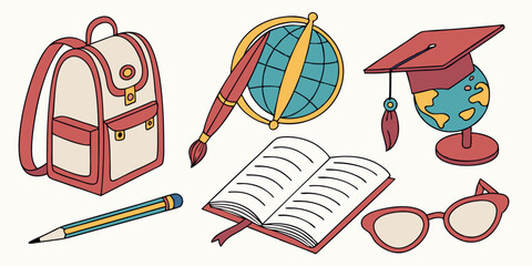Educational Essentials: A vibrant, illustrated collection of essential school supplies, perfect for sparking inspiration and creativity.