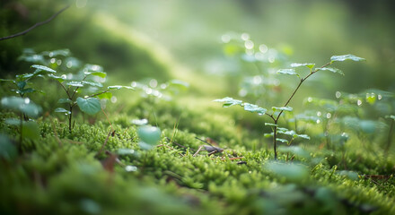 Delicate Spring Seedlings Emerging From Moist Mossy Ground In Forest