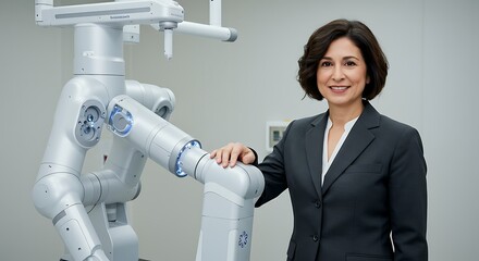 Confident businesswoman standing near advanced robotic arm in lab