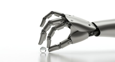 Robotic hand delicately manipulating a small sphere on white background