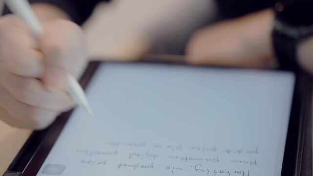 A person is writing on a tablet with a pen. The writing is in cursive style. The tablet is black and the pen is white