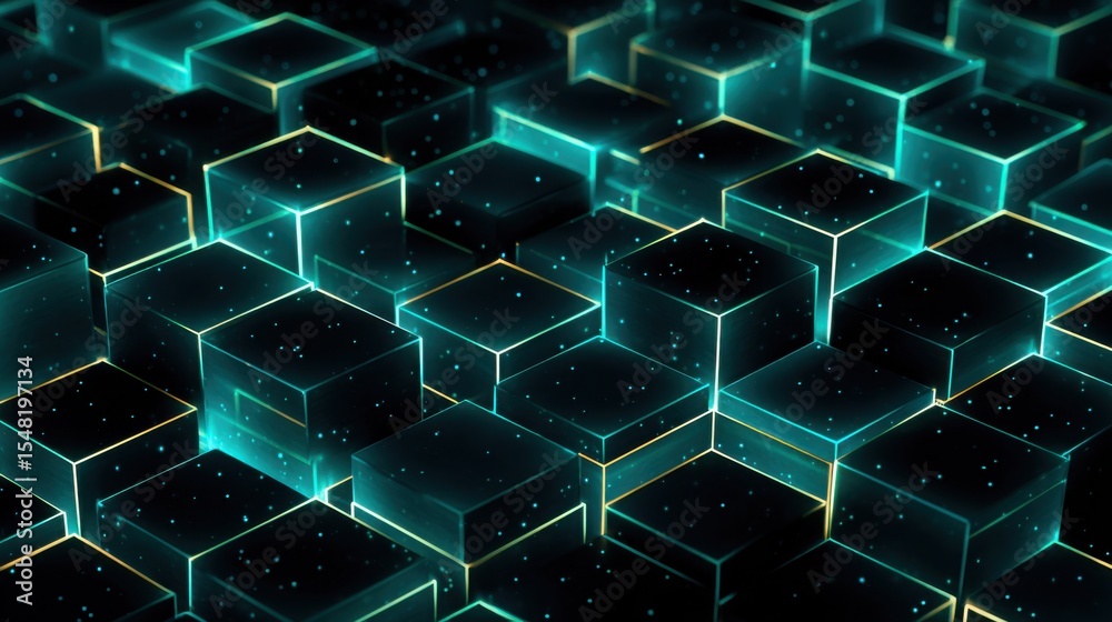 Poster numerous translucent cubes are arranged in a three-dimensional pattern, each illuminated with glowin