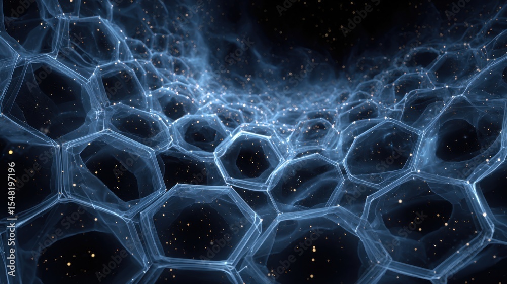 Poster a vast expanse of hexagonal structures stretches into the unknown, surrounded by sparkling stars in 