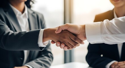 Businesspeople shaking hands, closing a deal, office setting
