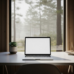 Fototapeta premium Minimalist MacBook mockup on white desk in modern forest cabin with nature window view.