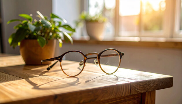 Classic Reading Glasses Resting on Wooden Desk in Natural Light — Close-Up Still Life Scene