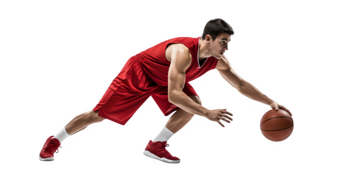 Basketball Player Dribbling Low - Male Athlete in Red Uniform with Ball, Crossover Move, Isolated on Transparent Background PNG