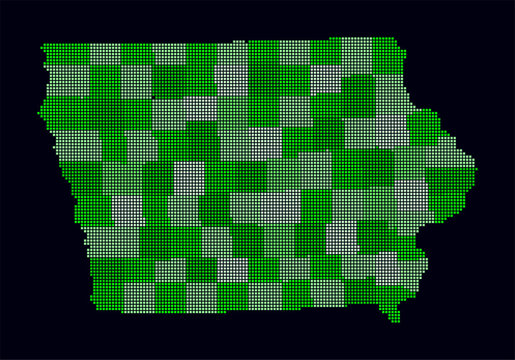 Iowa dotted map. Digital style map of the state on dark background. Iowa shape with square dots. Colored dots style. Small size squares. Vibrant vector illustration.