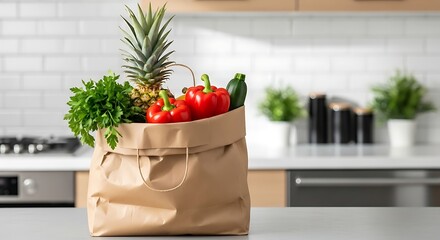 Fresh produce in a brown paper bag on kitchen counter