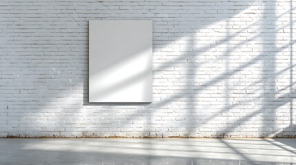 Square poster mockup on white brick wall with sunlight streak and clean floor reflection .