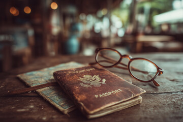 passport and travel guidebook with reading glasses on caf&eacute; table, symbol of cultural travel in later life