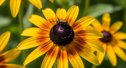 Obraz premium Radiant Yellow Rudbeckia Flowers Showcasing a Small Beetle in Natural Light