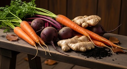 Fresh organic carrots, beets, and ginger roots on rustic wood