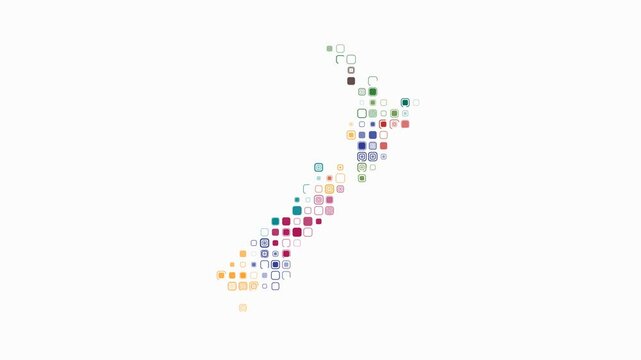 New Zealand dotted animation. Shape of the country built of pulsating colored dots. Large size rounded square blocks. Digital style map on white background. Beautiful video.