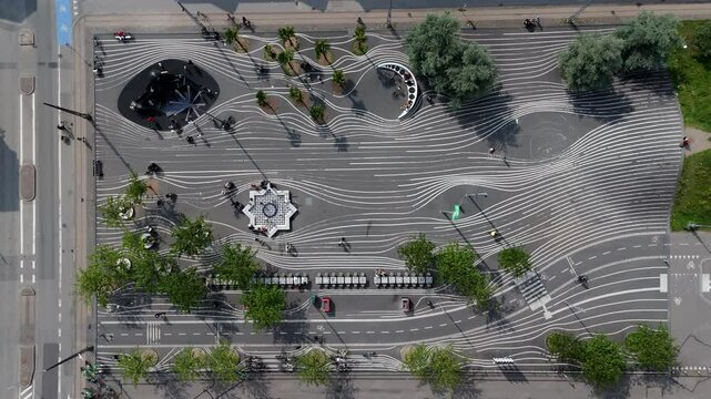Top down aerial view of Superkilen Park, a public park located in the N&oslash;rrebro district of Copenhagen, Denmark. 