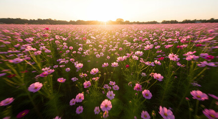 Cosmos Flower Bed Glowing In Sunset And Blooming In Pink Hues