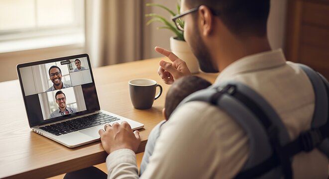 Father working from home on laptop, video conferencing with colleagues while holding baby in