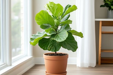 A bright interior featuring a Fiddle Leaf Fig in a terracotta pot near a window