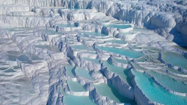Aerial view Natural travertine pools Pamukkale Turkish, spa terraces with blue water.