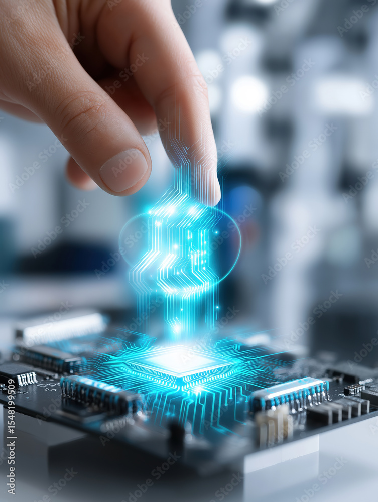 Poster hand hovering over a circuit board with glowing digital elements in a tech environment