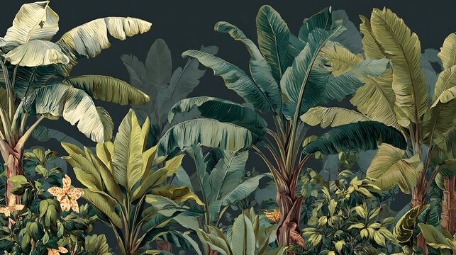 tropical plants banana trees wallpaper design dark bacground vintage wallpaper jungle background mural art. .
