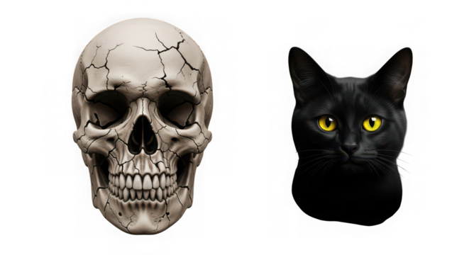 Skull and black cat isolated on transparent background