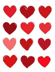 Twelve painted hearts in shades of red perfect for valentine's day and romantic designs