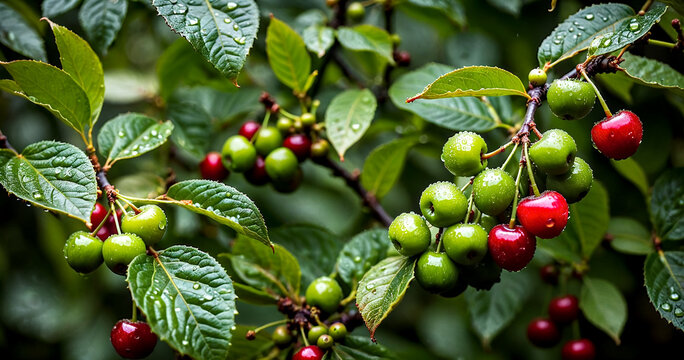 Coffee beans on plant with wet leaves under rain in natural environment