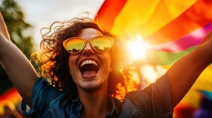 A spirited woman celebrating at a lively festival, proudly holding a rainbow flag, exuding joy and freedom, embodying the essence of diversity and acceptance in a vibrant setting.