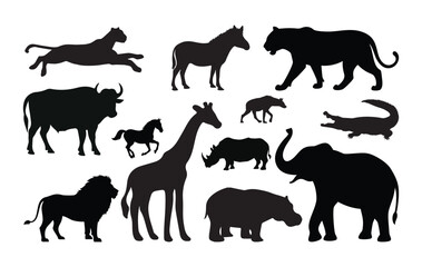Fototapeta premium Wild animal silhouette set , safari animal collection . African animals group vector silhouette illustration isolated on white background. Elephant, giraffe, alligator, lion, Cheetah, Hippo etc.