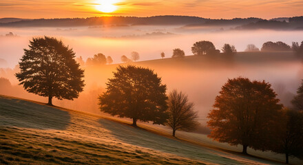 Fototapeta premium Misty Sunrise Painting Landscape With Trees On Rolling Hills
