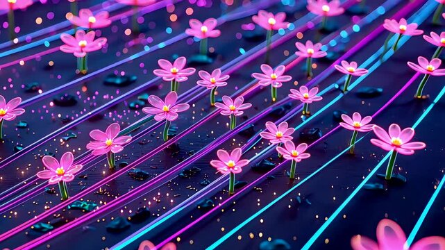 Floating Pink Flowers on Dark Surface with Glowing Neon Stripes in Futuristic Colorful 3D Digital Render