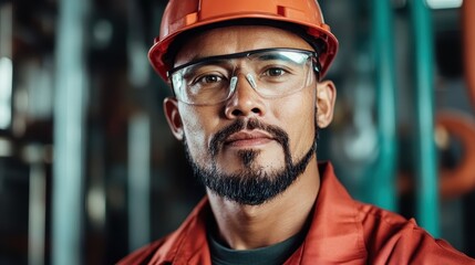 Obraz premium A focused worker wearing safety goggles and helmet looks into the camera with an expression of confidence, emphasizing safety, professionalism, and pride in skilled labor and teamwork.
