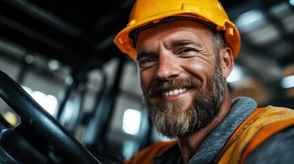 A cheerful worker wearing a hard hat and safety gear confidently smiles at the camera, representing teamwork, commitment, and the spirit of labor in an industrial setting.