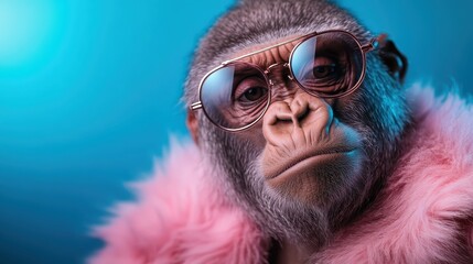 A humorous and artistic portrayal of a monkey dressed in stylish sunglasses and a fluffy pink coat, blending whimsy with sophistication in an imaginative and playful manner.