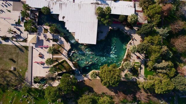 Aerial top view Antique pool Cleopatra Bath in Pamukkale Turkey.