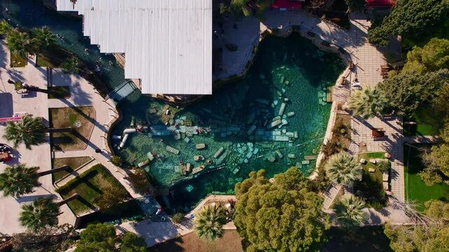 Aerial top view Antique pool Cleopatra Bath in Pamukkale Turkish.