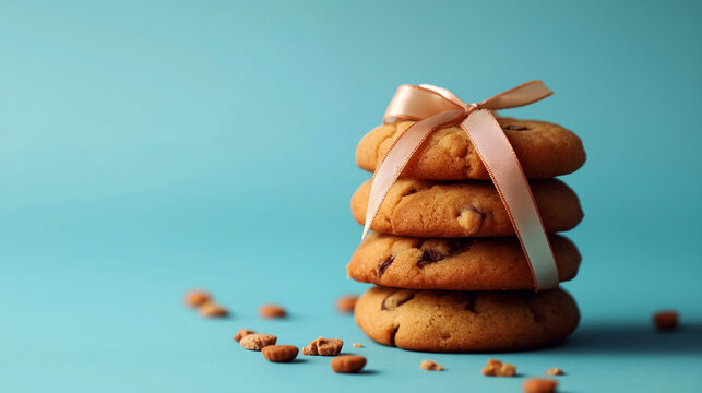 Celebrating World Cookie Day with a beautiful stack of cookies adorned with a ribbon on a blue background