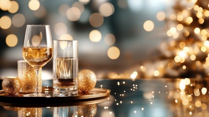 Two elegant glasses filled with different drinks sit on a table adorned with sparkling decorations, creating a festive atmosphere for celebration and enjoyment.