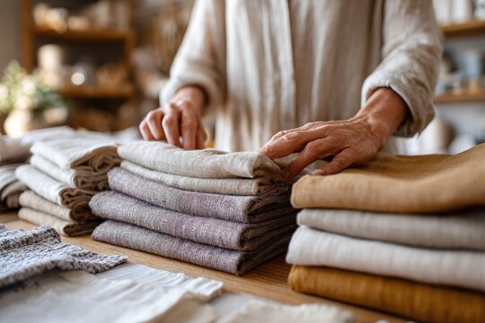 Designers arrange fabric and sketches in a fashion studio focused on natural materials and textures - Powered by Adobe